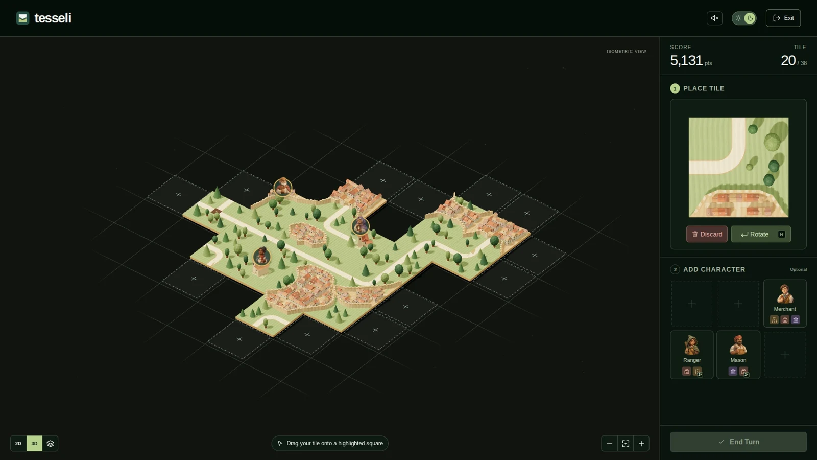 Tesseli in 3D: wooden cities, roads, forests, and character pieces on an isometric board, with tile and character controls to the right.